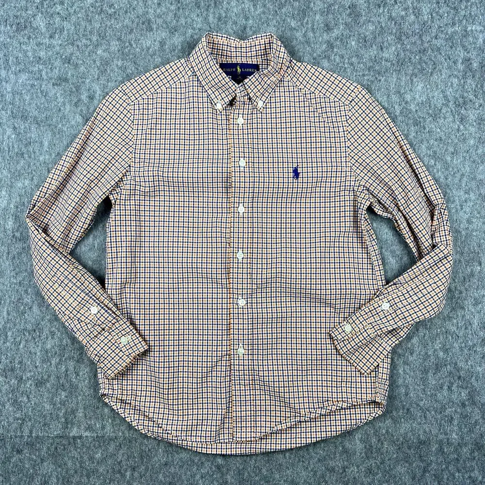 Ralph Lauren Boys Button Up Shirt Long Sleeve Orange Navy Plaid Size M (10-12)